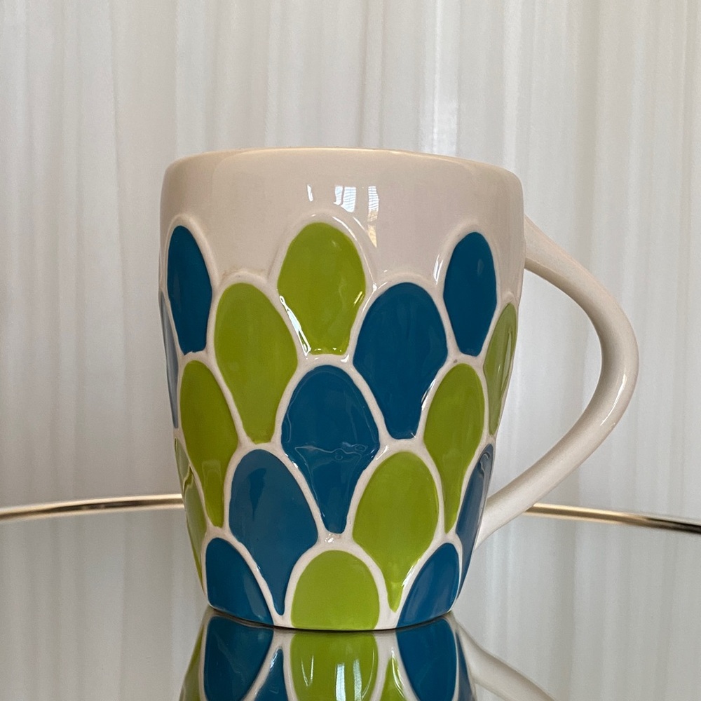 Starbucks 2009 Hand-Painted Blue & Green Raised Mermaid Scales Ceramic 14 Oz Mug
